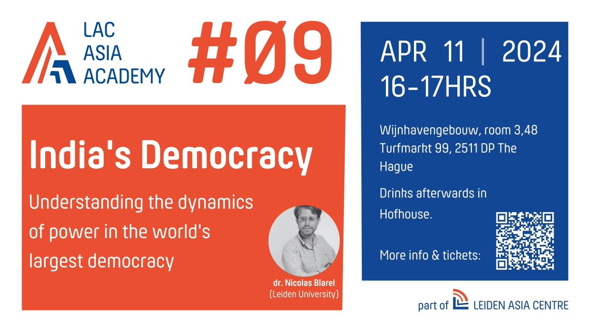 Understanding the dynamics of power in the world’s largest democracy: India Join this Asia Academy @AsiaLeiden with ass. prof Nicolas Barel @UniLeiden, towards the elections in India, on April 11th at @fggaleiden (Den Haag) @nicoblar @IndinNederlands 🗳️ leidenasiacentre.nl/event/asia-aca…