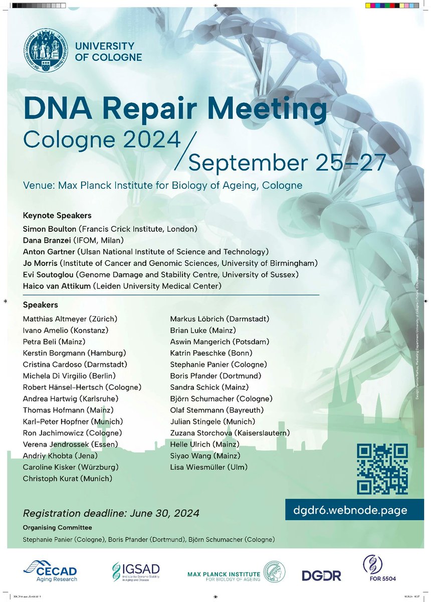 Register now and join us at the 2024 Meeting of the German Society for DNA Repair. Keynotes by Simon Boulton @BoultonLab , Dana Branzei, Anton Gartner, Jo Morris, Evi Soutoglou, Haico van Attikum @haicovanattikum @CECAD_ @MPIAGE @UniCologne cms2.vcongress.de/dgdr-2024/home