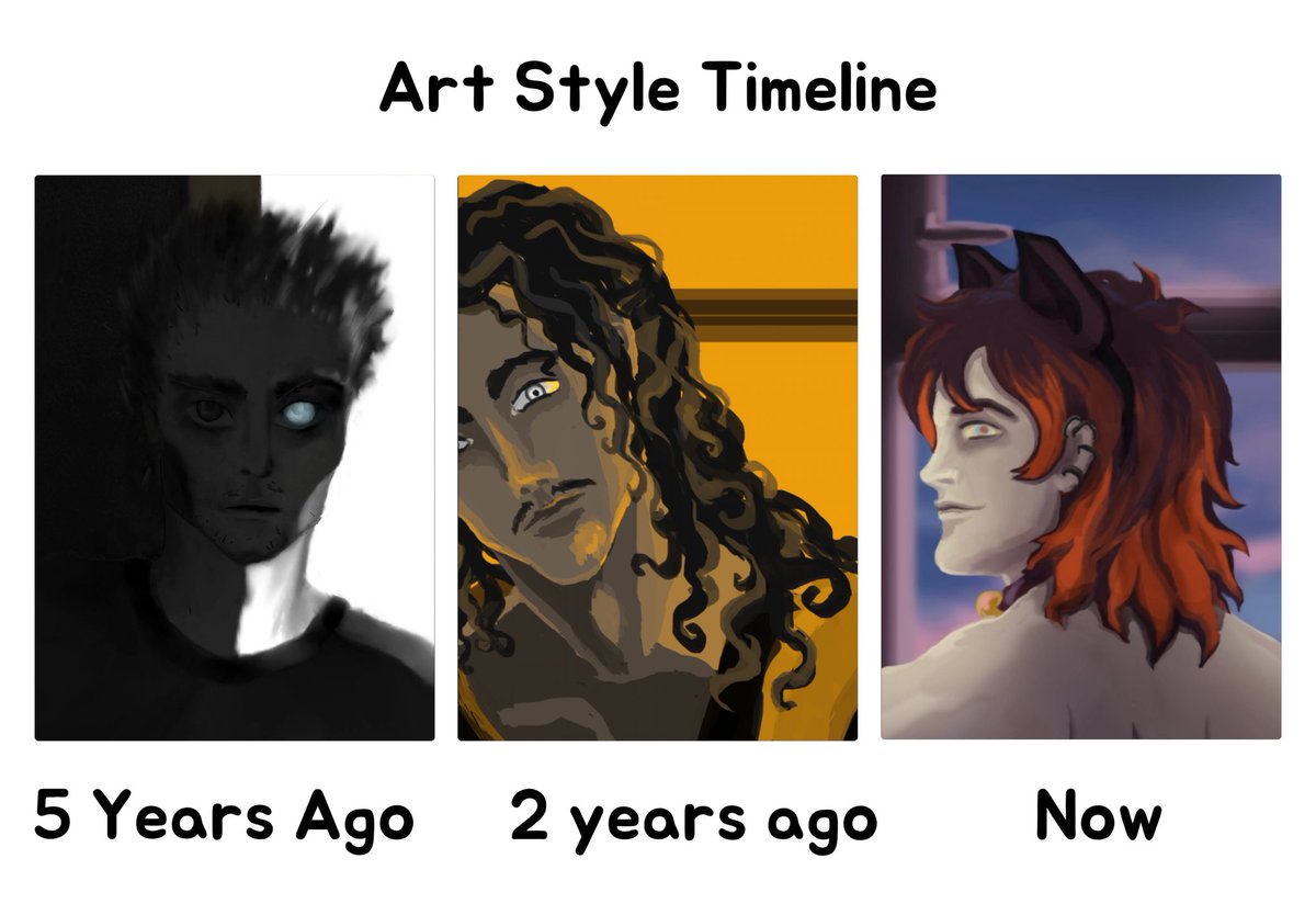 BlueDkn's tweet photo. Well here is my art style timeline. I've started digital painting with phone and finger only, then got some stuff and PS, but now i have  returned to phone and finger. Hope I've reached my PS-level again. #artstyletimeline
#artmeme #art #characterart #artstyle https://t.co/S8gA7p4wAP