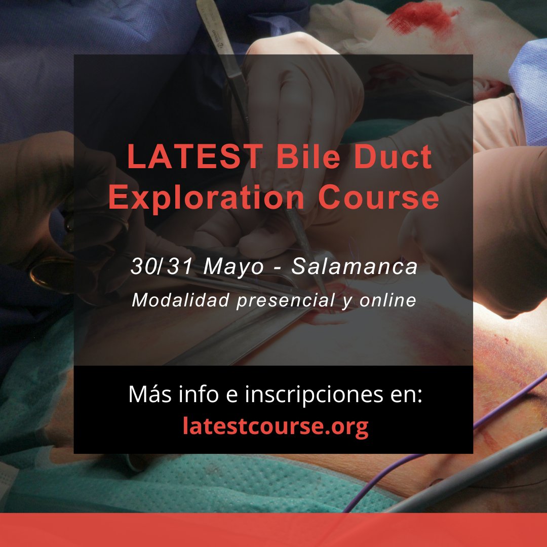 ¡Vamos a por la 4ª edición del curso de exploración laparoscópica de la vía biliar! Tendremos:📚 Clases teóricas 👨‍⚕️👩‍⚕️Talleres en modelos animales 🎥Cirugías en directo 🗓️30 y 31 de mayo, en Salamanca. 🔗latestcourse.org