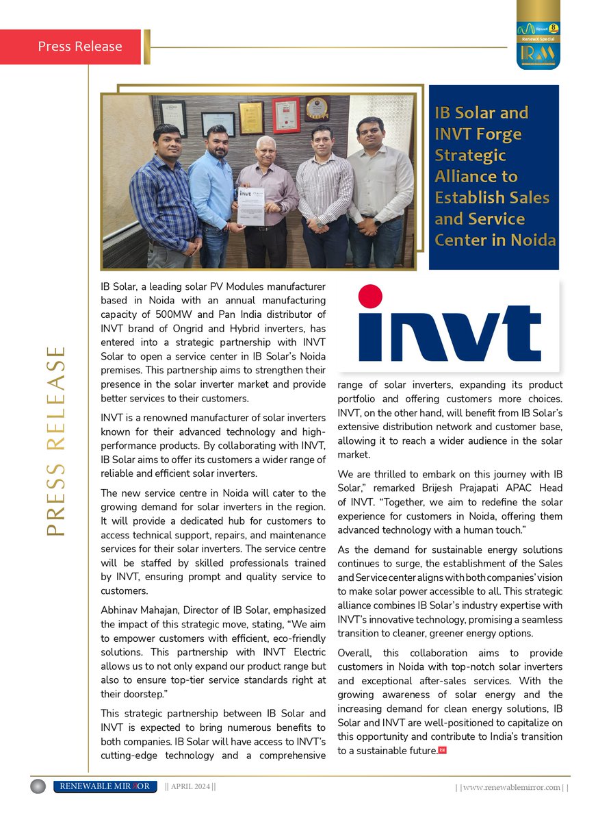 IB SOLAR AND INVT FORGE STRATEGIC ALLIANCE TO ESTABLISH SALES AND SERVICE CENTER IN NOIDA

Look forward in this link to learn more:
renewablemirror.com/news/ib-solar-…

#pressrelease #invtsolar #renewablemirror  #electricalmirror #tresubmedia #renewableenergy  #alliance #IBsolar
