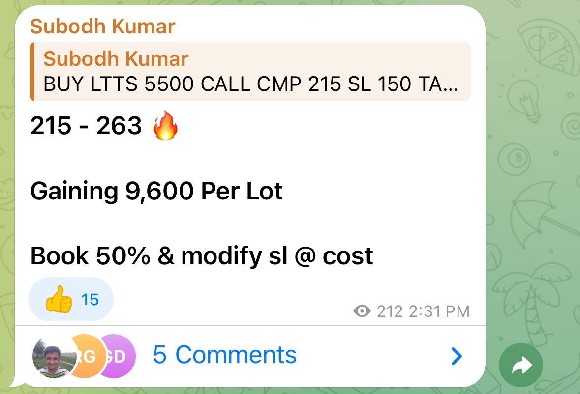 LTTS 5500 Option call buy was given in my free telegram channel in which telegram members booked Rs 9600 per lot. Free Telegram Channel Link : t.me/Learn_Option_S…
