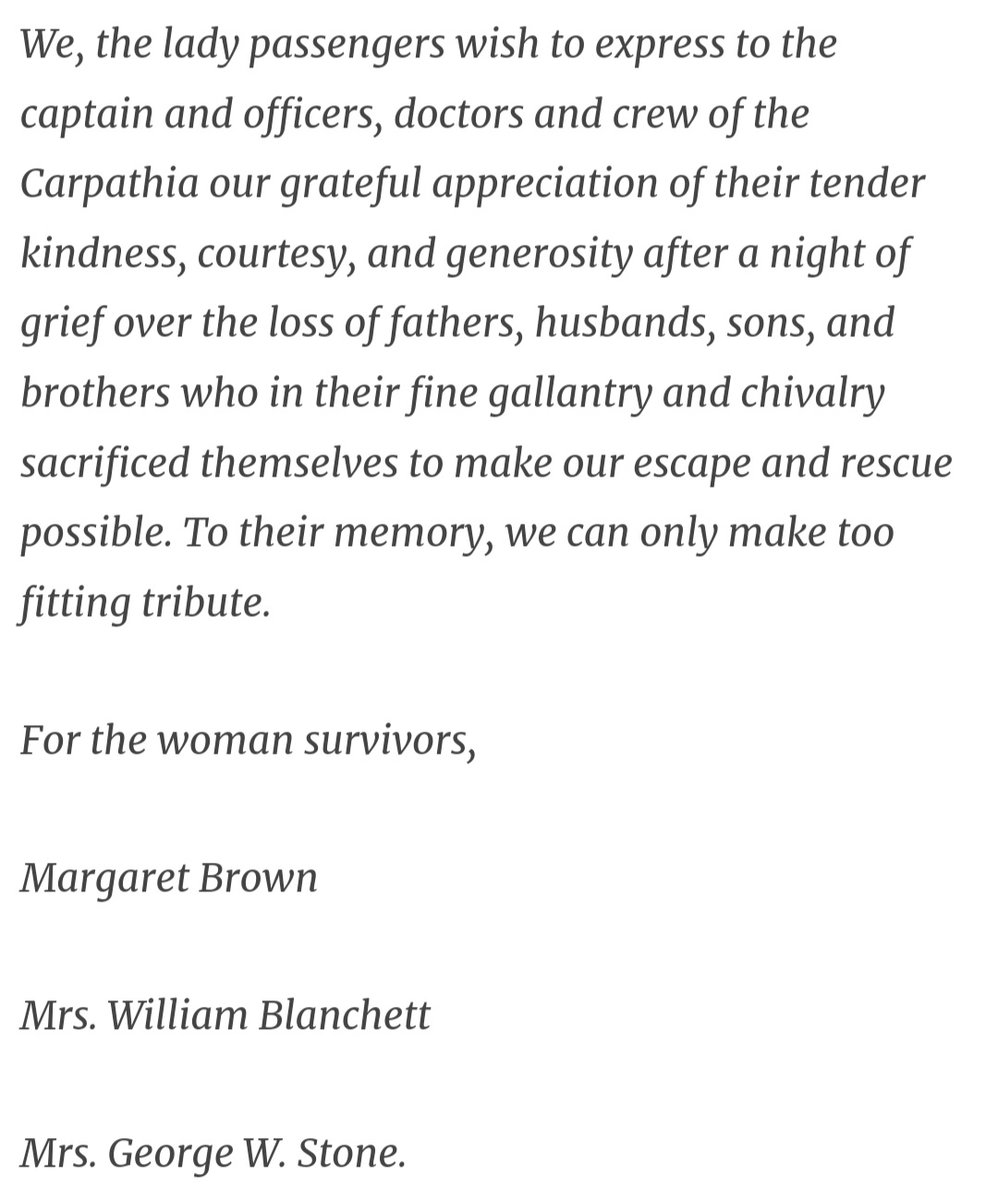 On 16th April 1912, Molly Brown wrote a letter of thanks to the crew of the Carpathia, the ship that came to the rescue of the survivors of #Titanic.
#Titanic2024 #RMSTitanic #Titanic112 #TitanicTimeline #TitanicAnniversary