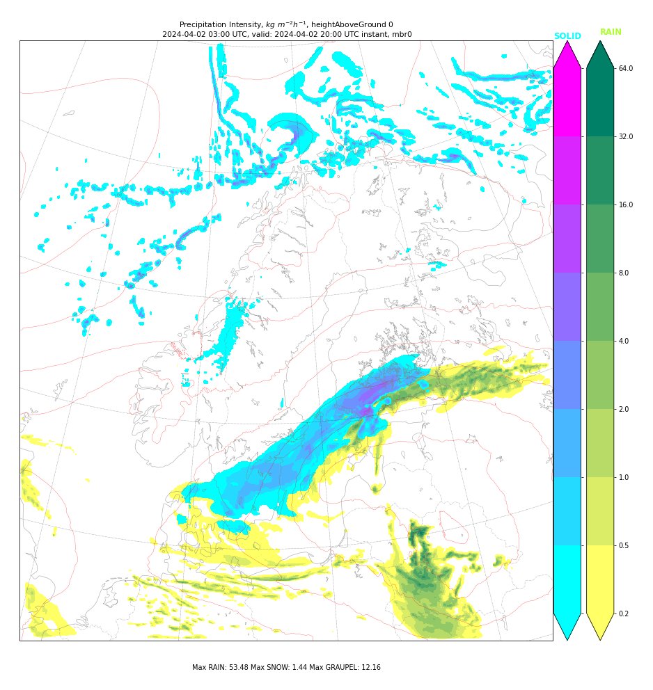 Instantaneous snowfall intensity may be very high in the passing front next night. MEPS indicates solid precipitation rates of > 8 mm/h in water equivalent. Snowfall totals could be as high as 20 cm in the Lahti region.