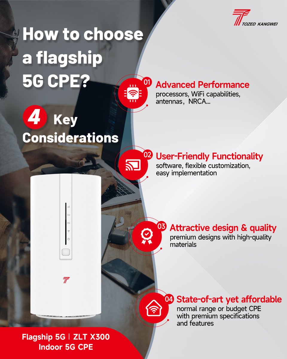 Advanced chipset performance, considerate user experience, attractive design... Contact Tozed Kangwei to explore all the features that a flagship #5GCPE has！🌟

#TozedKangwei #ConnecttoBetterFuture 
#5G #Connectivity