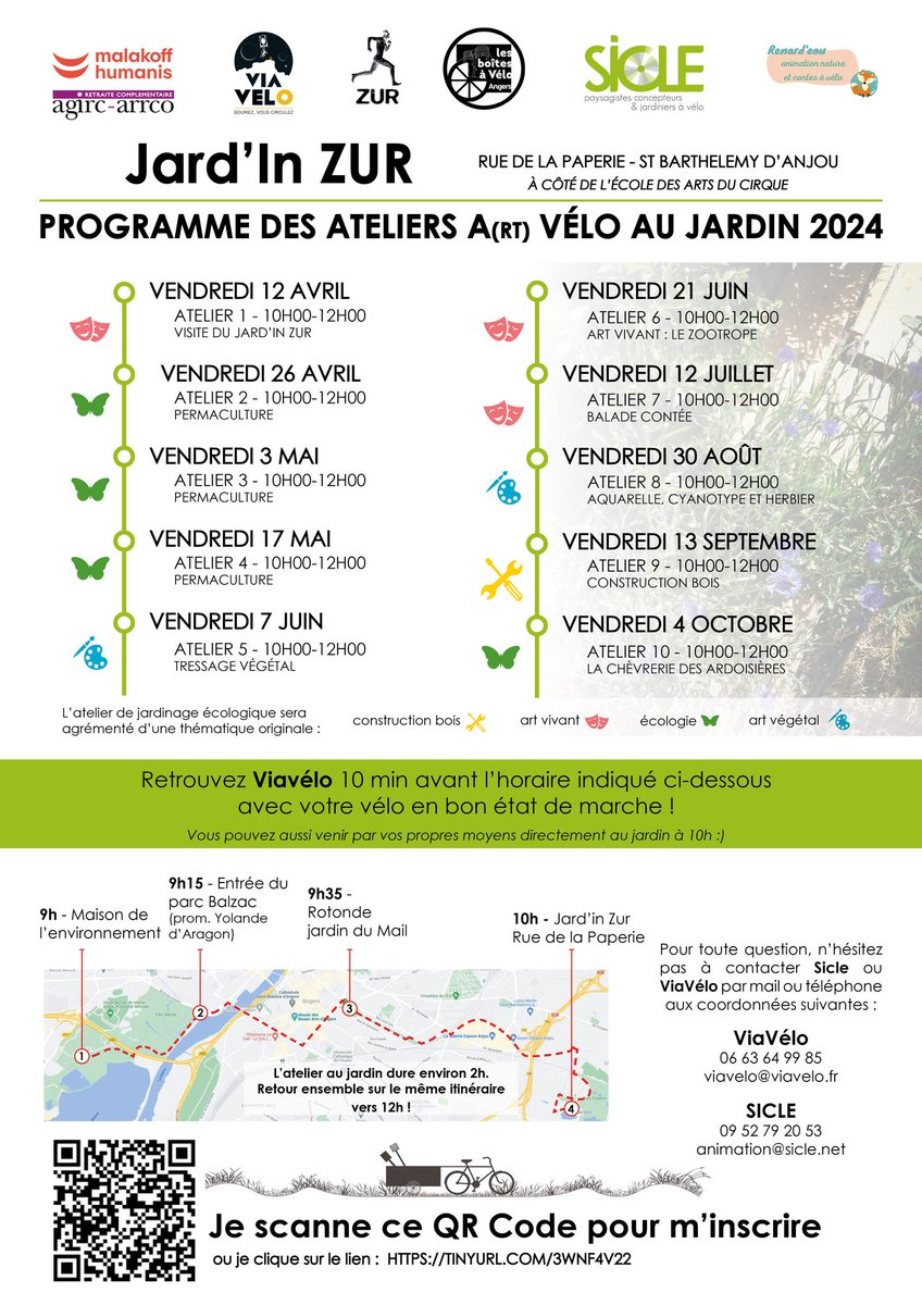 >> AGRICULTURE URBAINE & PEDAGOGIE<< Si vous souhaitez vous inscrire aux ateliers A(rt) Vélo Jardin à St-Barthélémy d'Anjou, n'attendez plus et scannez le QR code sur l'image suivante ou cliquer sur le lien suivant : TINYURL.COM/3WNF4V22