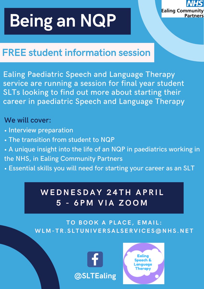 Ealing Community Partners (@ealingpartners) on Twitter photo Are you a Newly Qualified Practitioner or #SLT2B? Ealing SLT are running a NQP workshop, filled with top tips for interviews & the transition from student to band 5! Weds 24 April 5-6pm on zoom
Book via wlm-tr.sltuniversalservices@nhs.net
#SLT #mySLTday #SLT2B #NQPworkshop Are you a Newly Qualified Practitioner or #SLT2B? Ealing SLT are running a NQP workshop, filled with top tips for interviews & the transition from student to band 5! Weds 24 April 5-6pm on zoom
Book via wlm-tr.sltuniversalservices@nhs.net
#SLT #mySLTday #SLT2B #NQPworkshop