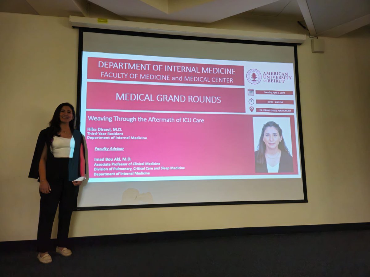 Ali Abu-Alfa (@abualfaa) on Twitter photo Dr. Hiba Dirawi, 3rd year resident in Internal Medicine <a href="/AUB_FM/">Faculty of Medicine</a> <a href="/AUBMC_Official/">American University of Beirut Medical Center</a> advised by Dr. Imad Bou Akl, presenting MGR today, titled 'Weaving Through the Aftermath of ICU Care', delving into the impact of post-ICU syndrome on patients & caregivers, screening and prevention. Dr. Hiba Dirawi, 3rd year resident in Internal Medicine <a href="/AUB_FM/">Faculty of Medicine</a> <a href="/AUBMC_Official/">American University of Beirut Medical Center</a> advised by Dr. Imad Bou Akl, presenting MGR today, titled 'Weaving Through the Aftermath of ICU Care', delving into the impact of post-ICU syndrome on patients & caregivers, screening and prevention.