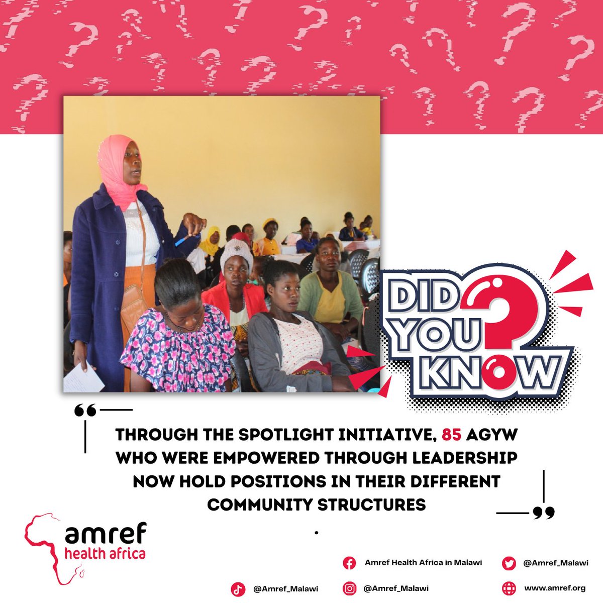 TIPS TUESDAY‼️ ‼️

Did you know that through the Amref led Spotlight Initiative; 83 Adolescents, Girls & Young Women who were empowered through Leadership trainings now hold positions in their different community structures. 

#TipsTuesday #DYK #didyouknow #amrefmw #Amref #Malawi