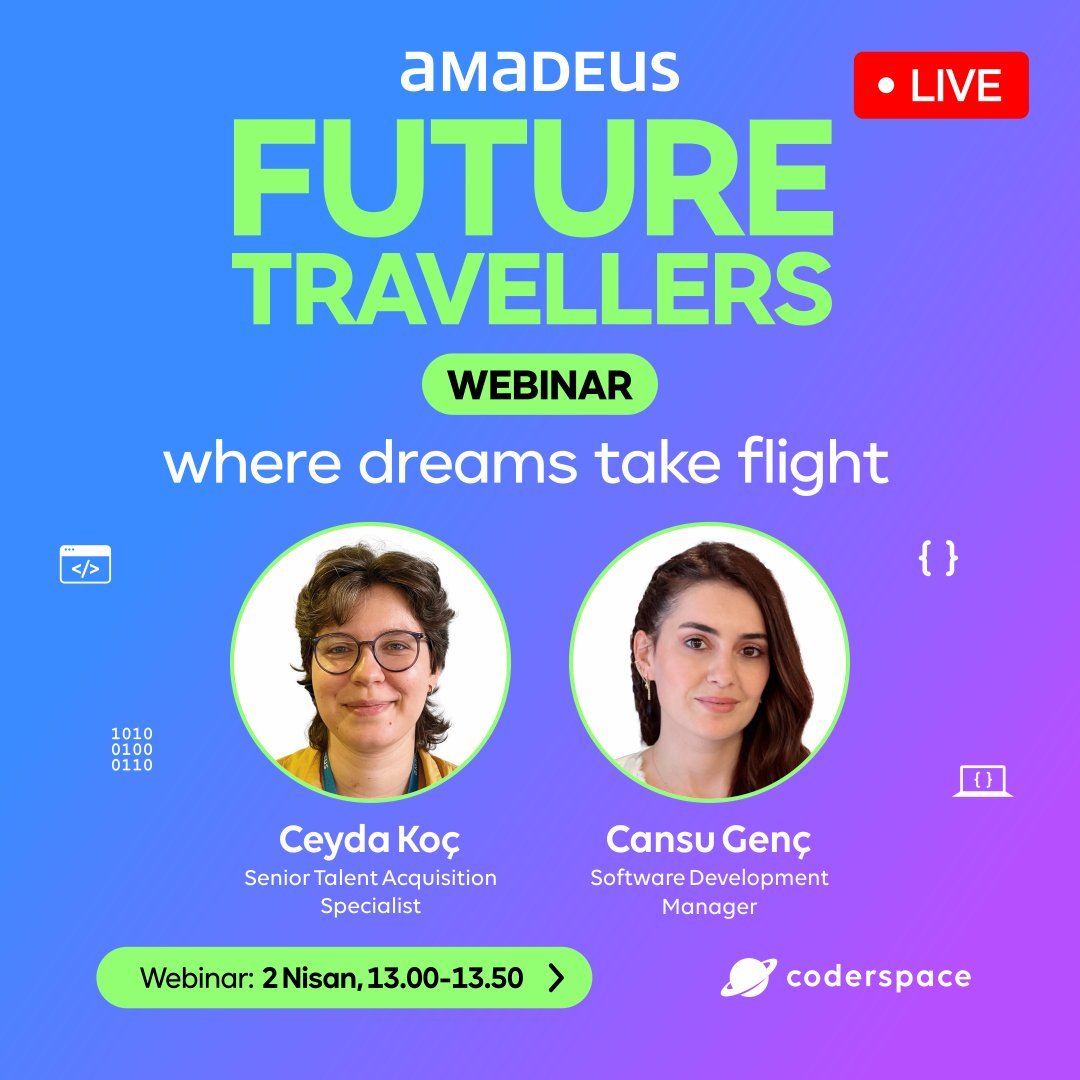 coderspace_io's tweet image. Amadeus Future Travellers Programı&apos;nı tüm süreçleriyle anlatacağımız webinar başladı! 🗣️

🎁 Webinar&apos;a katıl, Amadeus&apos;u yakından tanıma ve Amadeus logolu ürünler kazanma fırsatını kaçırma!

Linkte tıklayarak canlı yayını izleyebilirsin!

#Coderspace #yazılım #yazılımcı #webinar…