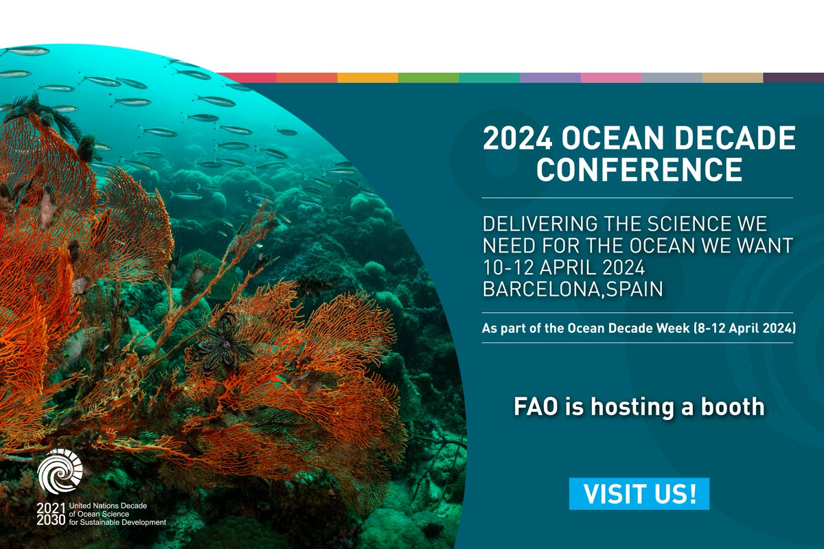 🌊 The countdown is on for the UN #OceanDecade2024 Conference ❗️ @FAOFish will be there to champion #Ocean science for global #FoodSecurity & sustainable #fisheries management. If you are at the Conference, visit our booth at the #CCIB, Banquet Hall! #BlueTransformation