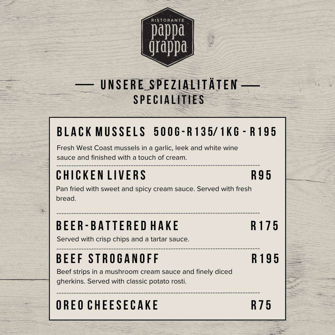 Wilderer_SA's tweet image. Join us at Pappa Grappa for an #Speciality Menu!
Indulge in Fresh West Coast #Mussels or Beer-Battered #Hake – a seafood lover's dream! And don't forget to save room for our delectable Oreo Cheesecake. 

wilderer.co.za/contact/