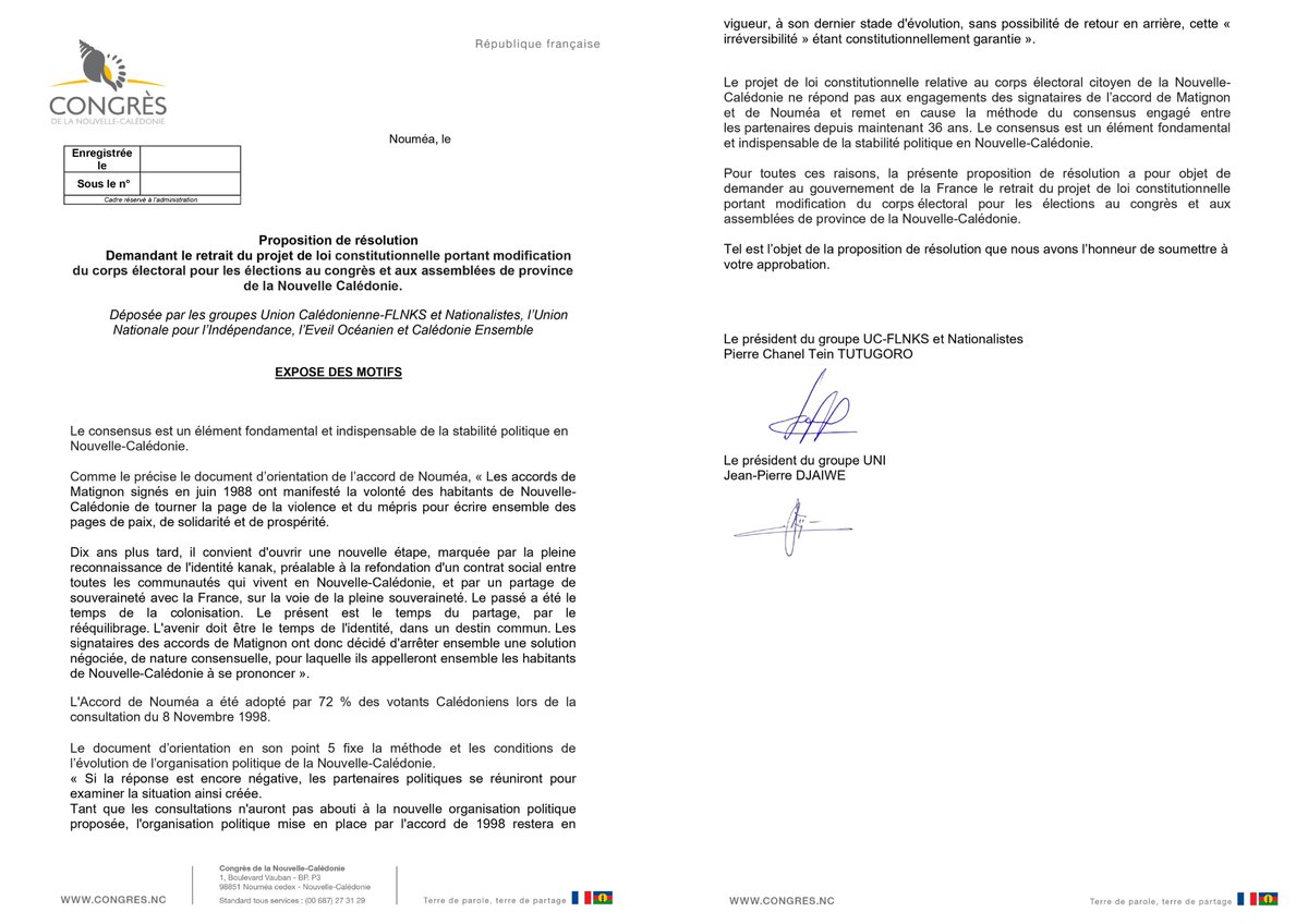 Soucieux de préserver la stabilité politique et le consensus si chèrement acquis en Nouvelle-Calédonie, notre groupe et le groupe UNI, avons déposé une résolution sollicitant le retrait du projet de loi constitutionnelle modifiant le corps électoral calédonien ! #nonaudégel