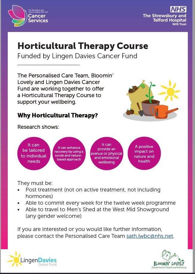 Bloomin’ Lovely is running a 12-week horticultural therapy programme for people recovering from cancer, who are post-treatment. They're looking for participants, so if you're interested, please contact sath.lwbc@nhs.net 💚 #CancerSurvivor @LingenDavies