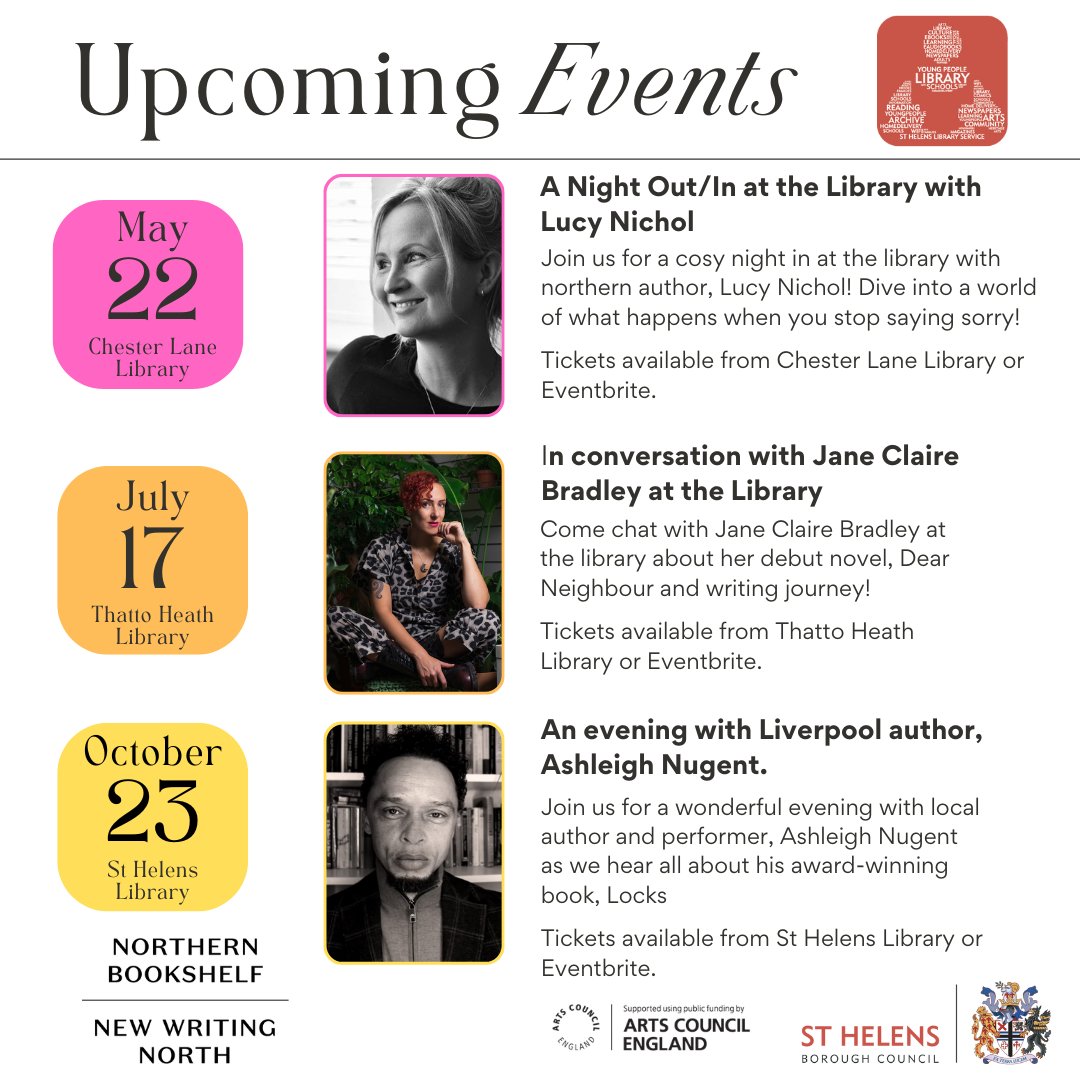 📢 EVENT NEWS📢 Super excited to be welcoming three northern writers, @LucyENichol, @jane_bradley & @NugentAshleigh, to #StHelens Library Service in 2024 as part of @NewWritingNorth's Northern Bookshelf Live programme 😁 Tickets now on sale👉b.link/StHLibsEventbr…