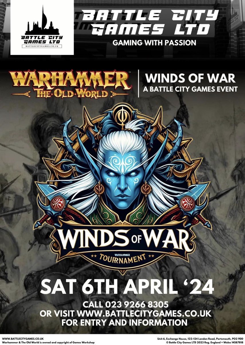 🚨 Last call! Only a few spots remaining to embark on epic battles in the #OldWorld of #Warhammer at Battle City Games in Portsmouth. Join us on April 6th for an unforgettable gaming experience. Don't miss out! Reserve your spot now. #TabletopGaming #PortsmouthGaming 🎲✨