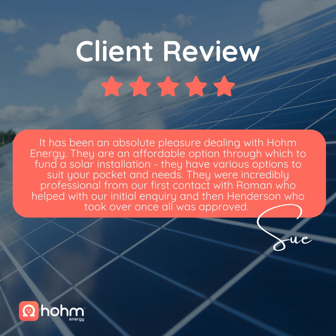 Thank you, Sue, for your wonderful review! 🌟 We're delighted to hear about your positive experience with @Hohm_sa. Your satisfaction is our top priority, and we're grateful for your support. ☀️ #HappyCustomer #HohmEnergy #cleanenergy