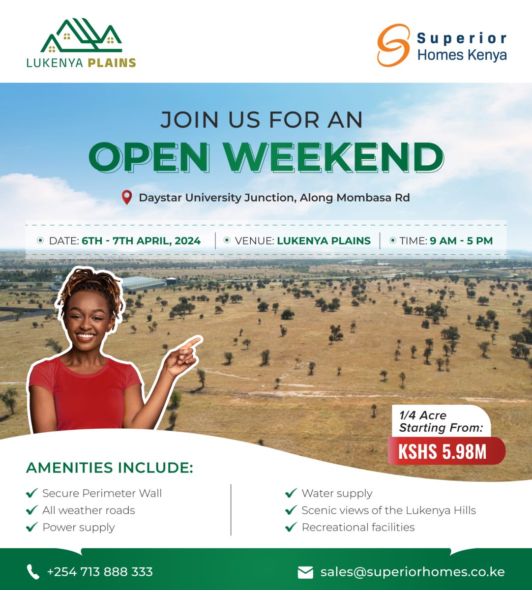 Are you ready for the Lukenya Plains Open Weekend?

Don't miss this opportunity to own your dream home!

Reserve your spot today!
📞 0713 888 333
📧 sales@superiorhomes.co.ke

#investment #plotsforsale #selfbuildplots #openweekend #LukenyaPlains
#LukenyaPlainsOpenWeekend