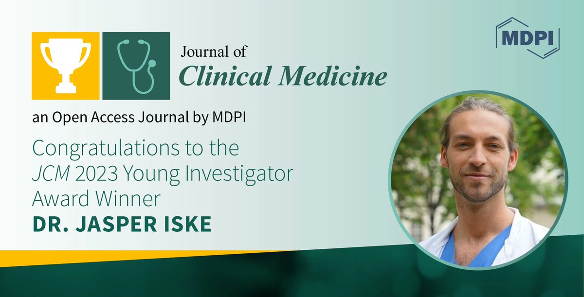 #mdpijcm
👏We are pleased to announce the winner of the JCM 2023 Young Investigator Award. 
<a href="/MediPharma_MDPI/">MDPI Medicine & Pharmacology</a>
<a href="/MDPIOpenAccess/">MDPI</a>

👥Name: Dr. Jasper Iske
🏢Affiliation: German Heart Center of Charité Berlin, Germany
🎯More info.: mdpi.com/journal/jcm/an…