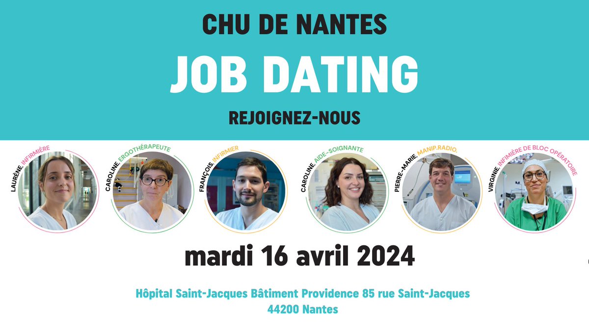 📢 Job dating du CHU de Nantes le 16 avril 2024 à l'hôpital Saint-Jacques à Nantes. Cette rencontre permettra d'échanger avec des professionnels de l’hôpital et de découvrir les opportunités de carrière offertes par le CHU. ℹ️chu-nantes.fr/job-dating
