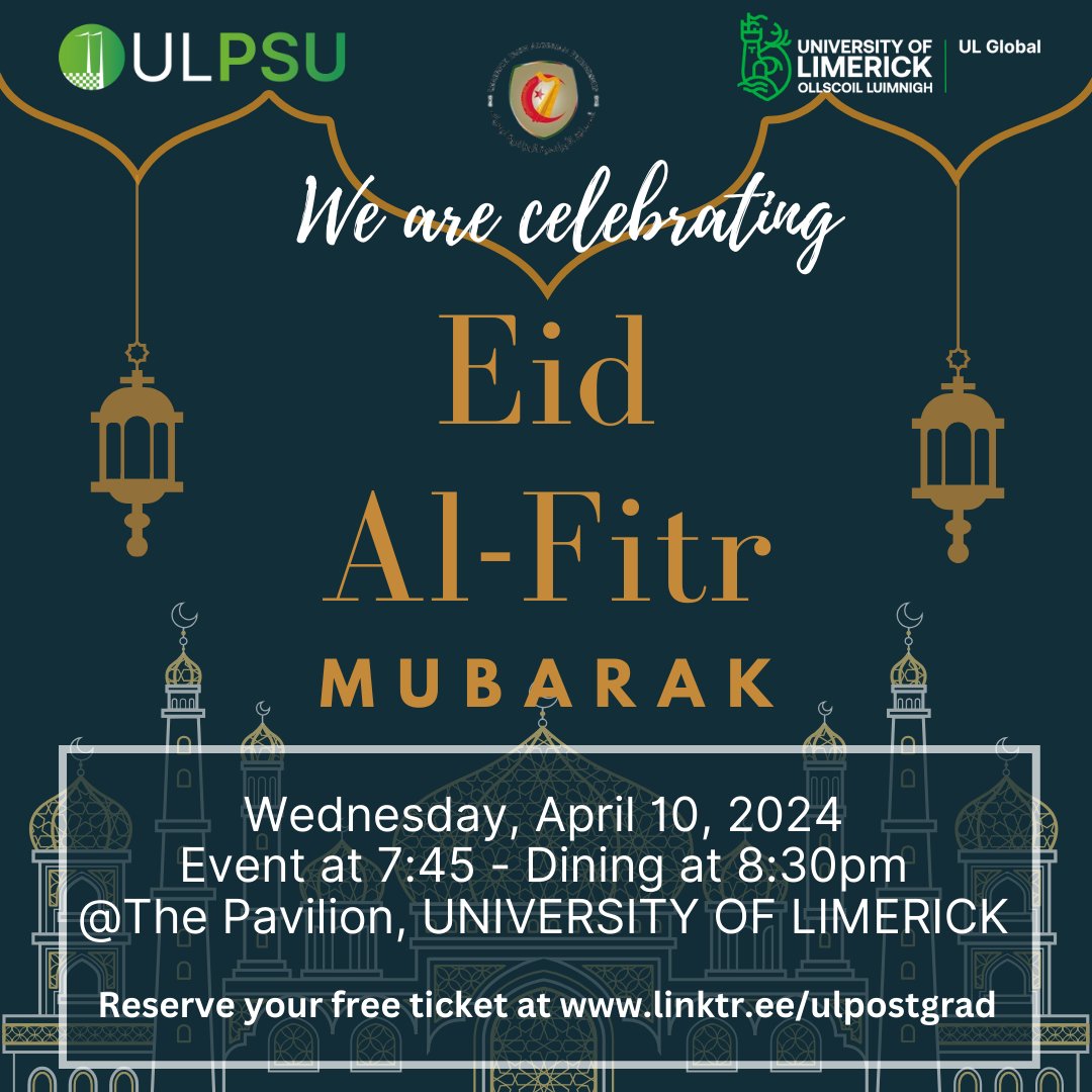 We are hosting our third annual Eid event celebrating the end of Ramadan. Join us April 10. Details are on the poster or linktr.ee/ulpostgrad We acknowledge and thank @ulglobal for sponsoring the event and @UL_EDI_ and @liafgroup for their support. Ramadan Mubarak