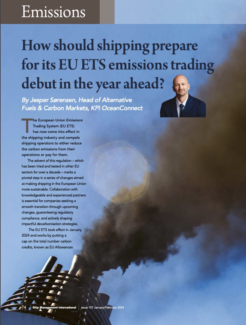 Check out our latest article in @ShipManInter's Jan/Feb '24 edition by Jesper Sørensen, Head of Alternative Fuels & Carbon Markets. Discover how #EUETS is reshaping #shipping's #sustainability & how KPI OceanConnect can help you navigate this change➡️shipmanagementinternational.com/wp-content/upl…