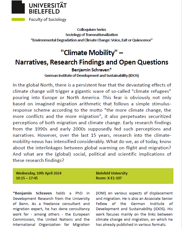 thecomcad's tweet photo. We would like to cordially invite you to the presentation „"Climate Mobility"–Narratives, Research Findings and Open Questions" by @Ben_Schraven
(@IDOS_research). It will take place on Wednesday, 10th April, 2024 from 16:15 to 17:45 in English in room X-E1-107. https://t.co/FTFrS1z8i8