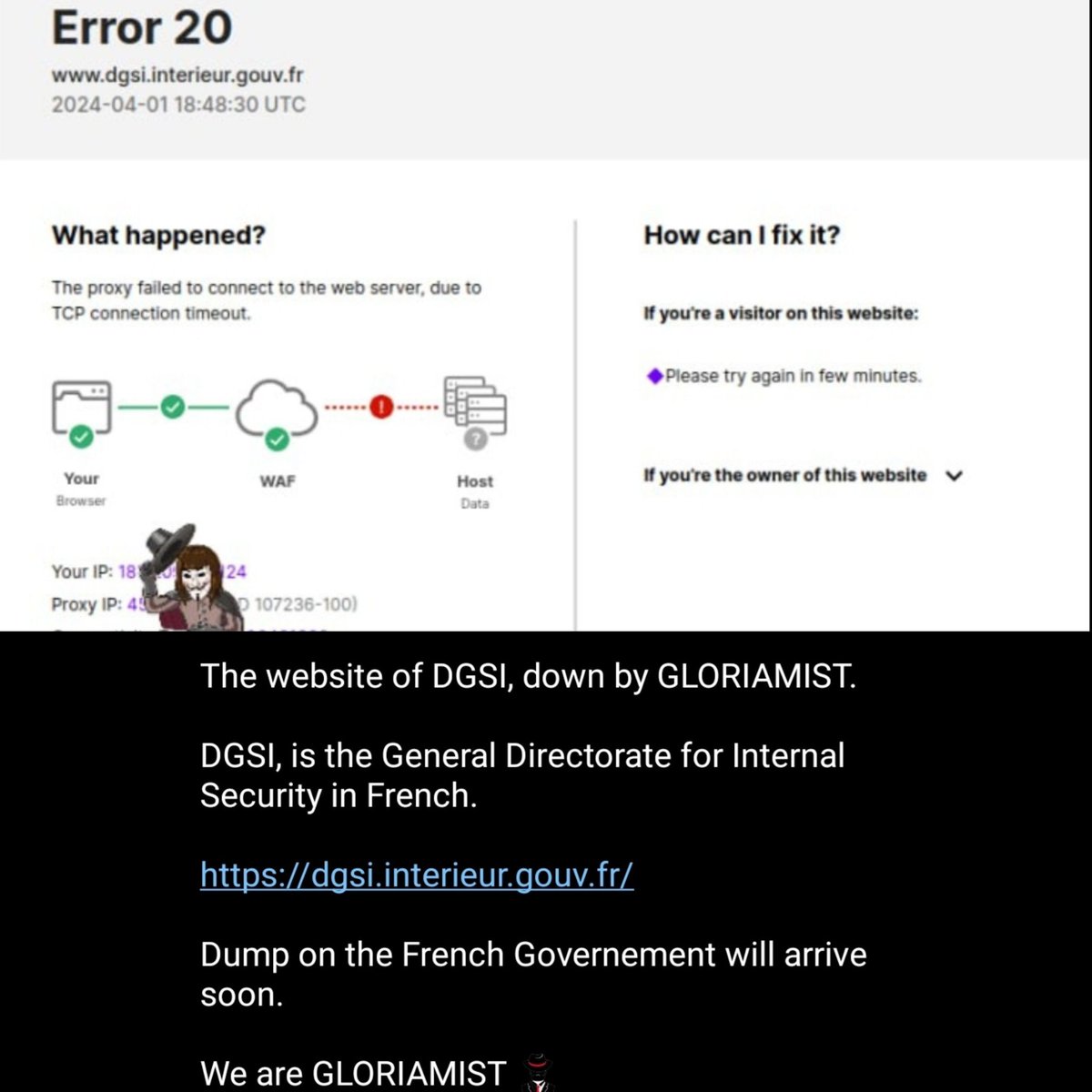 R4gn4r0k_Sec's tweet photo. ℹ️The french DGSI website was targeted yesterday (04.01) by the #GLORIAMIST team⚡️
#Cybersecurity #France #DGSI https://t.co/wO8zUgYzMo