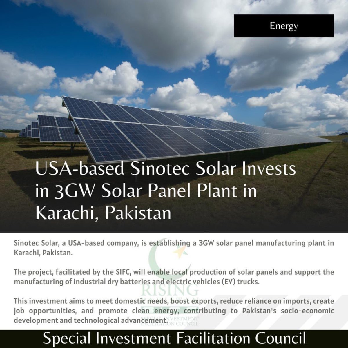 Sinotec Solar is establishing a 3GW solar panel manufacturing plant in Karachi, aiming to boost local production, reduce reliance on imports, and promote #CleanEnergy, propelling Pakistan’s #SustainableDevelopment 🇵🇰 🔗 sifc.gov.pk #SIFC #SIFCPakistan #SolarPower