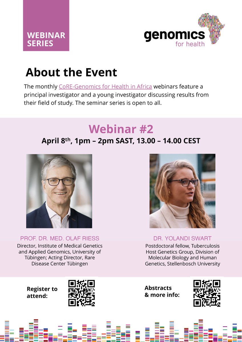 🚨REMINDER🚨: CoRE-#GenomicsForHealthInAfrica #webinar on 8th April! Don't miss talks on #genomics for #rarediseases by Olaf Riess (@uni_tue, @uktuebingen) and #TB host #genetics by Yolandi Swart (@StellenboschUni, @SUTBHostGen). ⚠️Register here: tinyurl.com/bdz97b52