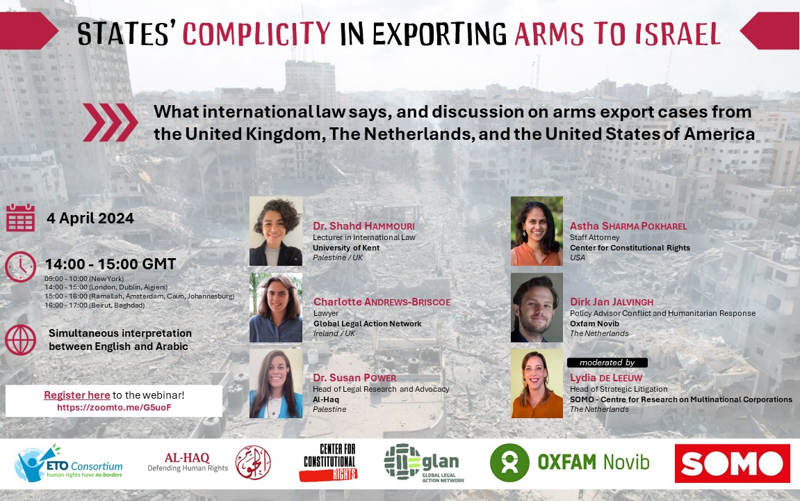📢 taking place in 48 hours‼️ Webinar: 'States' Complicity in Exporting Arms to Israel' 👉 Register here: zoomto.me/G5uoF with @shahdhm @AsthaSPokharel @HAJalvingh @Susanrosepower @LydiaDeLeeuw @theCCR @GLAN_LAW @oxfamnovib @alhaq_org @SOMO