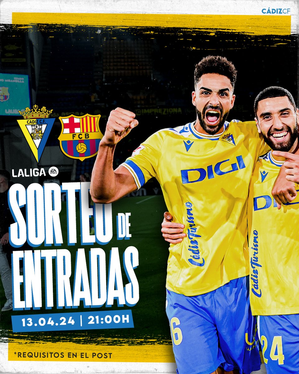 💛💙 ¡ATENCIÓN SORTEO! 

¿Quieres venir gratis al #CádizBarça junto a un acompañante? 

¡Sorteamos dos entradas! 

Participa en el sorteo:
* Da Me gusta y RT a esta publicación.
* Menciona a la persona con la que vendrías al partido.