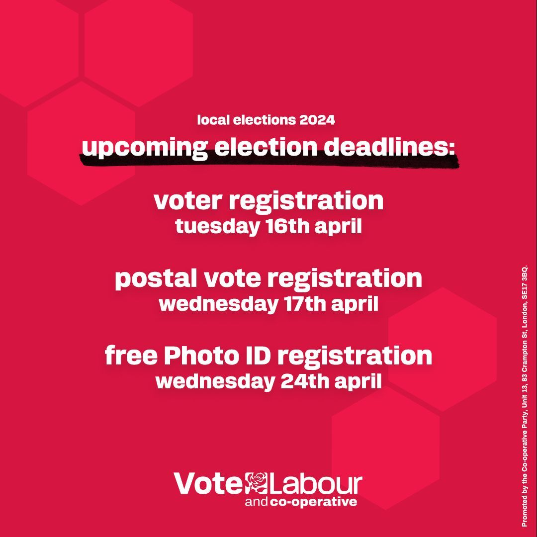 The 2nd of May isn't the only important date for this year's local elections. Make sure you know the following essential dates: 📅 Voter registration: Tuesday 16th April ✉️ Postal vote registration: Wednesday 17th April 🪪 Free Photo ID registration: Wednesday 24th April