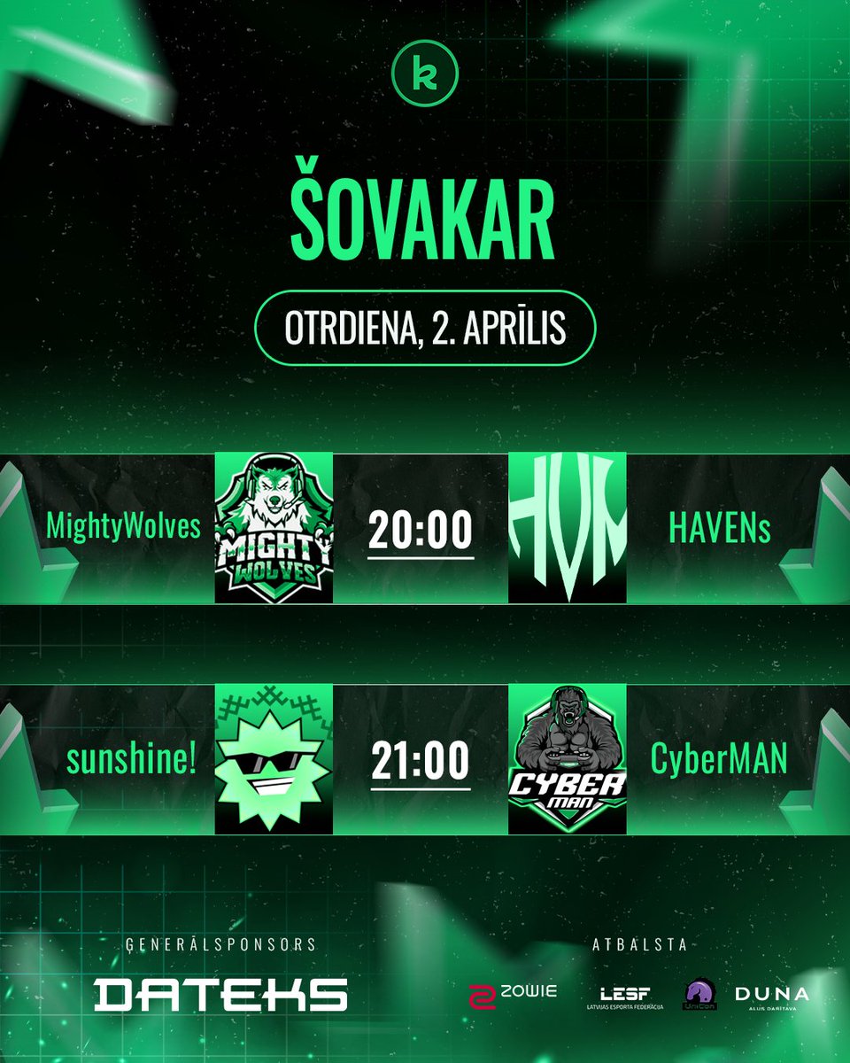 esportaliga's tweet photo. Piektās kārtas starts jau šovakar! Programma zemāk.

🟢20:00 🇱🇻#MightyWolves vs #HAVENs🇱🇻
🟢21:00 🇱🇻#sunshine vs #CyberMAN🇱🇻

Tiekamies - https://t.co/R7I9fk03nV ❤️ https://t.co/Ywk2ZJKLWa
