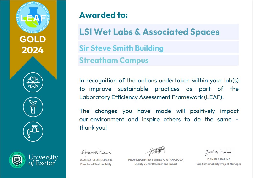 Congratulations to @LSI_Exeter who have achieved @LEAFinLabs Gold. An excellent collaborative effort shared between the whole community. Over 50% of our labs now have Silver or Gold accreditation 🥇🌿🥈