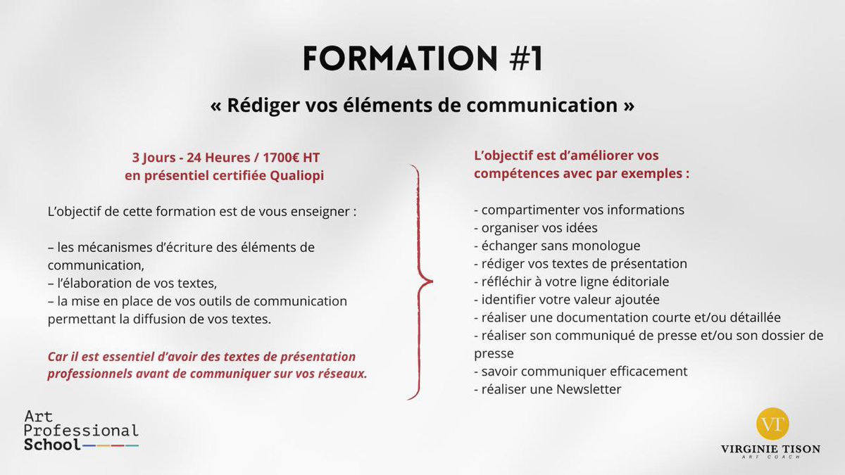 [ #formations #virginietison #artprofessionalschool] 🧠📱📈
.
<a href="/virginie_tison/">virginie tison</a> présente sa première formation d’<a href="/ArtProSchool/">ArtProfessionalSchool</a>« Rédiger ses éléments de communication ».
👉L’objectif est de former les participants en 3 jours à la #communication digitale.
.
👉 bit.ly/4abTAWy