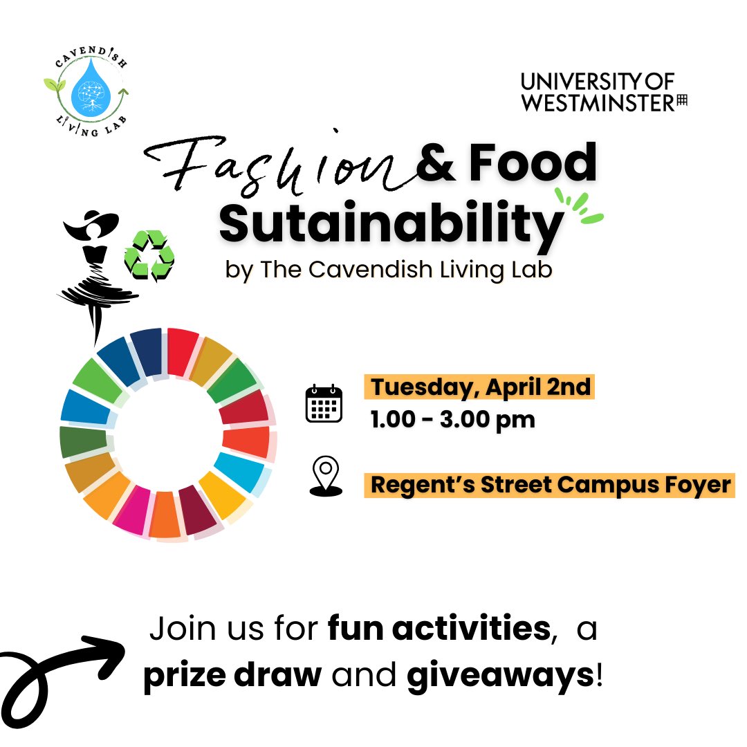 📢Don’t miss out on our final outreach event: ‘Fashion and Food Sustainability’ at Regent Street campus! @UniWestminster @LifeSciWestmin @pooja_basnett 🗓️ Complete fun fast fashion and food waste activities to earn prizes and learn interesting facts from 𝟏-𝟑𝐩𝐦 𝐭𝐨𝐝𝐚𝐲!