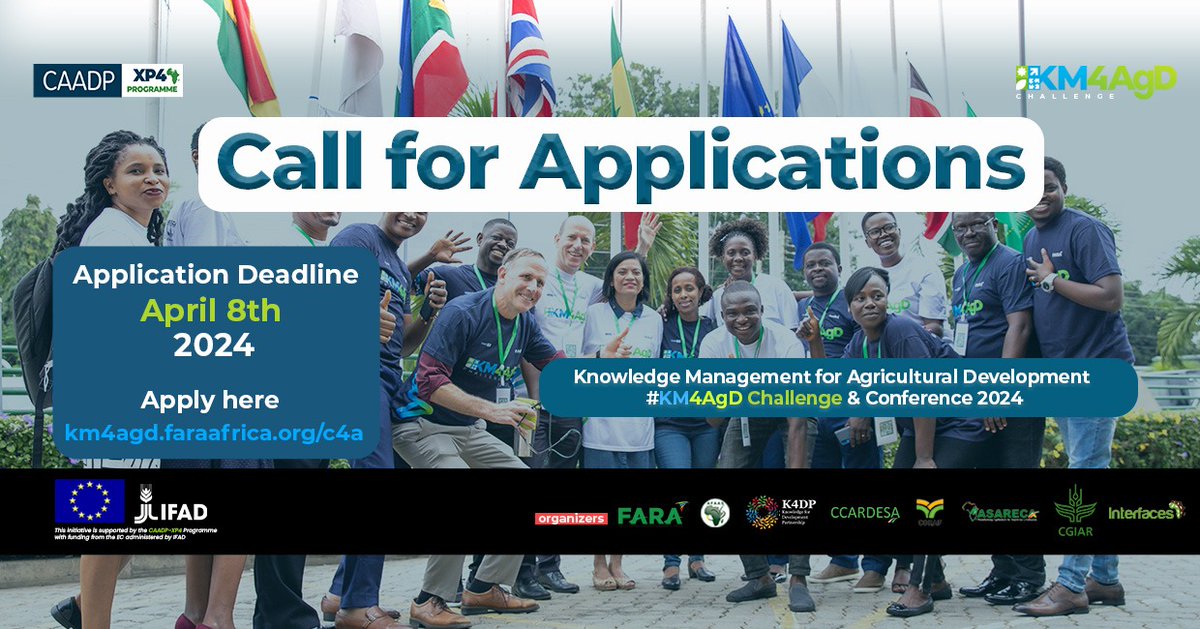 CALL FOR APPLICATIONS - KNOWLEDGE MANAGEMENT FOR AGRICULTURAL DEVELOPMENT CHALLENGE 2024 - 10 AVAILABLE SLOTS FOR SPONSORSHIP OR INDIVIDUAL PAID PARTICIPATION It's your time to make a difference! For more information, download 👇 km4agd.faraafrica.org/c4a