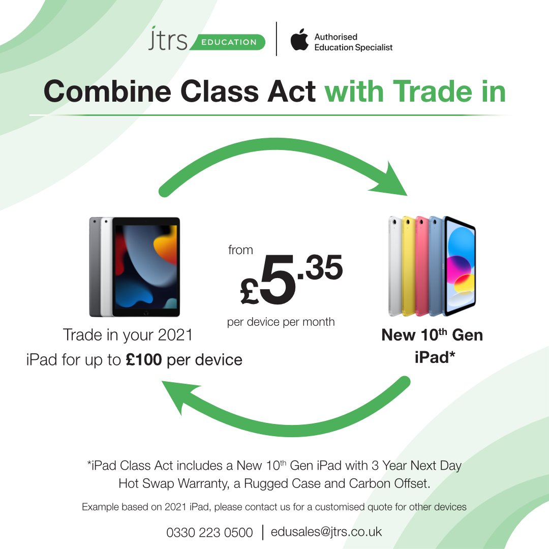 JTRS (@jtrsltd) on Twitter photo Combine our climate-positive Class Act with Trade-In!
Discover how your current iPad can help you buy a new one. Contact our team of Education Specialists on 0330 223 0500 or edusales@jtrs.co.uk
#iPad #AppleEdu #edtech Combine our climate-positive Class Act with Trade-In!
Discover how your current iPad can help you buy a new one. Contact our team of Education Specialists on 0330 223 0500 or edusales@jtrs.co.uk
#iPad #AppleEdu #edtech