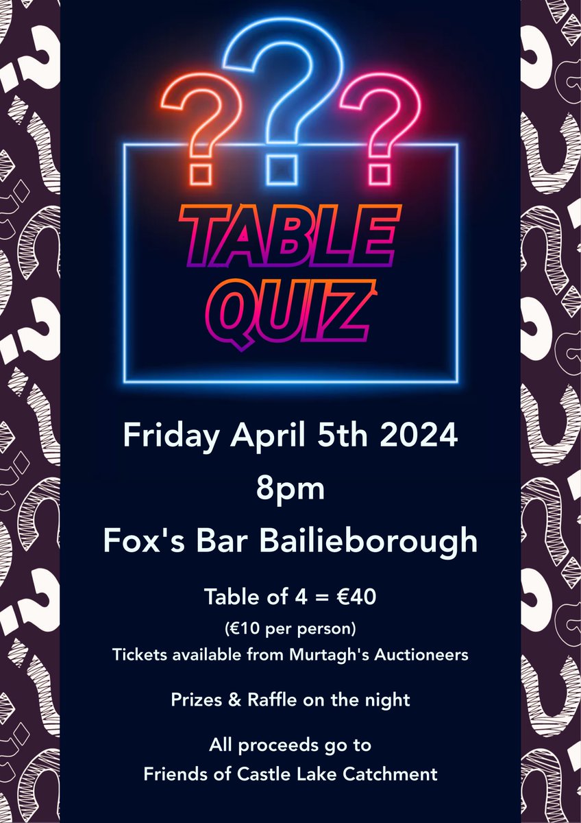 Friends of Castle Lake Catchment - Table Quiz this Friday.⏬