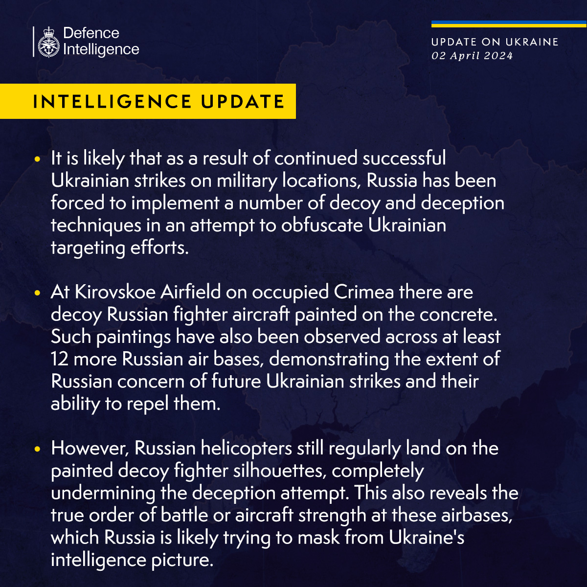 Latest Defence Intelligence update on the situation in Ukraine – 02 April 2024. Find out more about Defence Intelligence's use of language: ow.ly/qVaE50R5AOY #StandWithUkraine 🇺🇦
