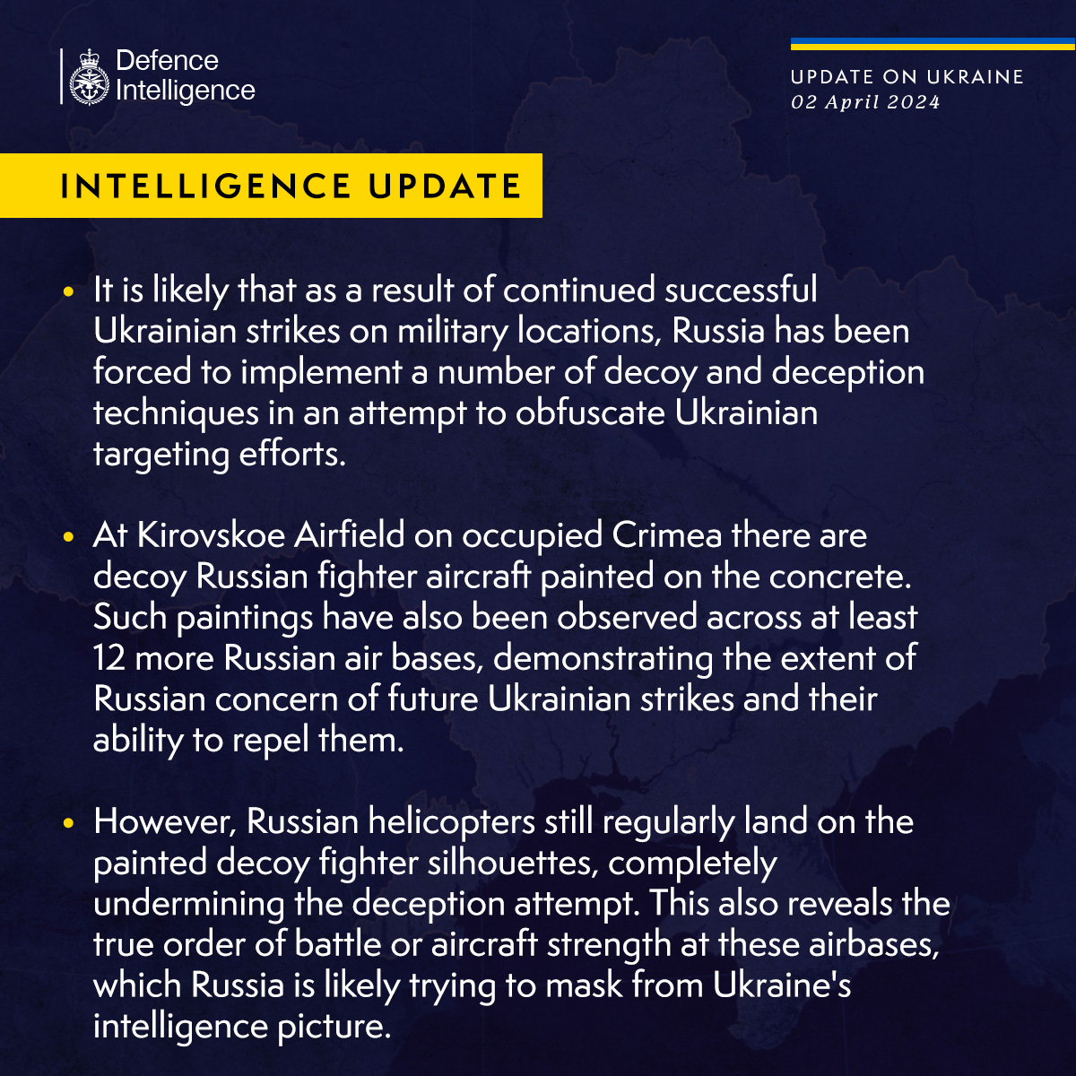 It is likely that as a result of continued successful Ukrainian strikes on military locations, Russia has been forced to implement a number of decoy and deception techniques in an attempt to obfuscate Ukrainian targeting efforts. At Kirovskoe Airfield on occupied Crimea there are decoy Russian fighter aircraft painted on the concrete. Such paintings have also been observed across at least 12 more Russian air bases, demonstrating the extent of Russian concern of future Ukrainian strikes and their ability to repel them. However, Russian helicopters still regularly land on the painted decoy fighter silhouettes, completely undermining the deception attempt. This also reveals the true order of battle or aircraft strength at these airbases, which Russia is likely trying to mask from Ukraine's intelligence picture. 