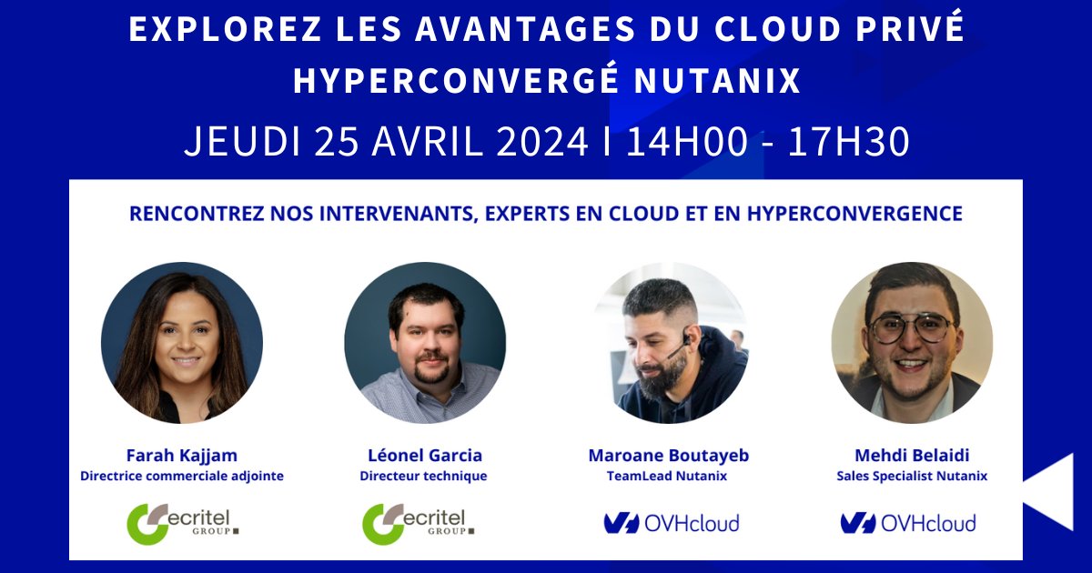 📆[INVITATION]  25/04
Ecritel et <a href="/OVHcloud_FR/">OVHcloud France</a>  vous invitent à une #conference  exclusive sur les avantages de la plateforme #Nutanix on OVHcloud, suivie d'un cocktail apéritif ! 
Inscription* (obligatoire et gratuite) -> v1s8o2i5.sibpages.com 
*places limitées