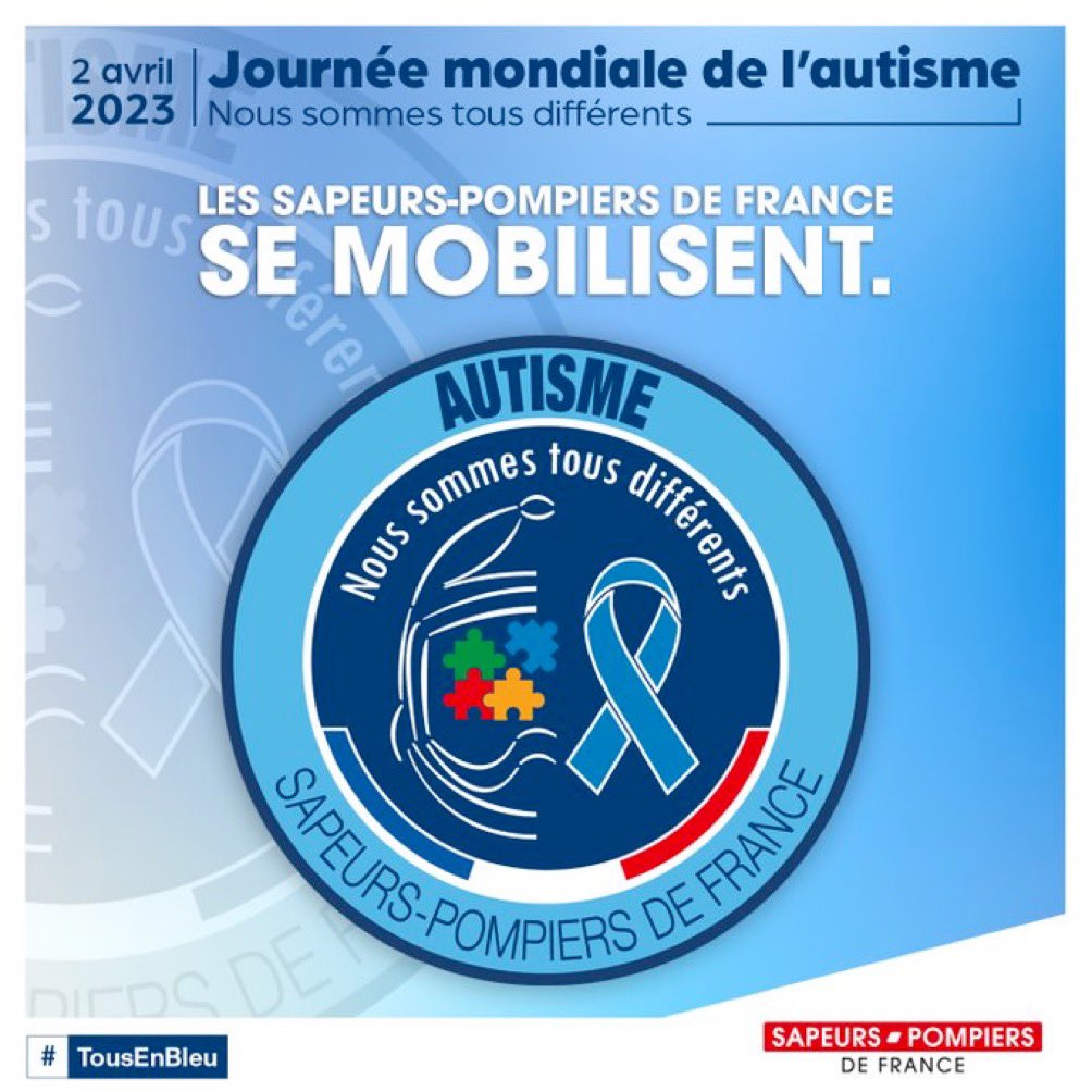 #TousEnBleu | Le saviez-vous ? En France, 1 enfant sur 100 naît autiste. 

➡️ Parce que l’autisme est plus présent qu’on ne le croit.
➡️ Parce qu’il peut toucher chacun de nous.

Soutenez la collecte de dons à travers un écusson sapeurs-#pompiers. 

➡️ bit.ly/3PKR4hz