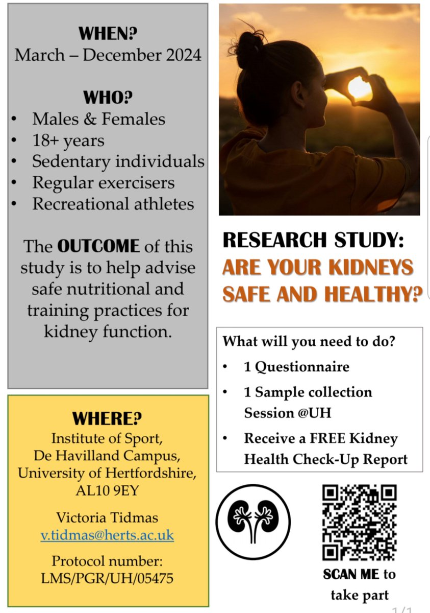 Vicky Tidmas (@vtidmas_kidneys) on Twitter photo Recruiting Participants - take part in a research study investigating training, nutrition, non-nutritional, and competition habits on kidney function.
Please share!
If interested scan the QR below, click the link (lnkd.in/eZPaNjxT) or email me (v.tidmas@herts.ac.uk) Recruiting Participants - take part in a research study investigating training, nutrition, non-nutritional, and competition habits on kidney function.
Please share!
If interested scan the QR below, click the link (lnkd.in/eZPaNjxT) or email me (v.tidmas@herts.ac.uk)