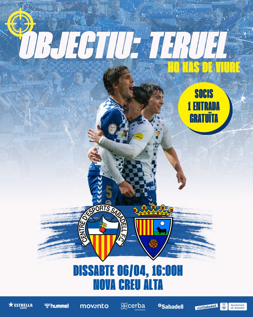 🎯 𝗢𝗕𝗝𝗘𝗖𝗧𝗜𝗨: 𝗧𝗘𝗥𝗨𝗘𝗟 🏟️ Cada soci té 𝐔𝐍𝐀 𝐄𝐍𝐓𝐑𝐀𝐃𝐀 𝐆𝐑𝐀𝐓𝐔𝐈̈𝐓𝐀 🎟️ Disponibles a les oficines i a taquilla d’acreditacions a Tribuna Sud el dia de partit 🗓️ Obertes tota la setmana, dissabte inclòs #EscollimElSabadell | #HoHasDeViure