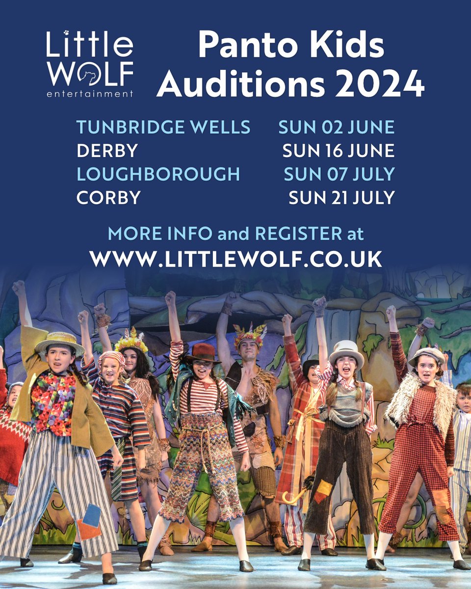 Stop Press: KIDS PANTO AUDITION DATES ANNOUNCED... Has your child got what it takes to join our award winning pantomimes? littlewolf.co.uk for more info and to BOOK YOUR PLACE! #pantomime #Panto #auditions #local #lthpanto #derby #Loughborough #tunbridgewells #corby