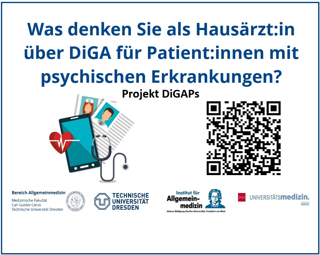 Allgemeinmedizin TU Dresden: Anonyme Onlineumfrage zu #DiGAs im Projekt „Dig. Gesundheitsanwendungen für psych. Erkrankungen auf dem Prüfstand“ gerichtet an HÄ/ÄiW. Ihre Einstellungen und Erfahrungen mit DiGAs sind gefragt, auch wenn Sie keine DiGA nutzen.