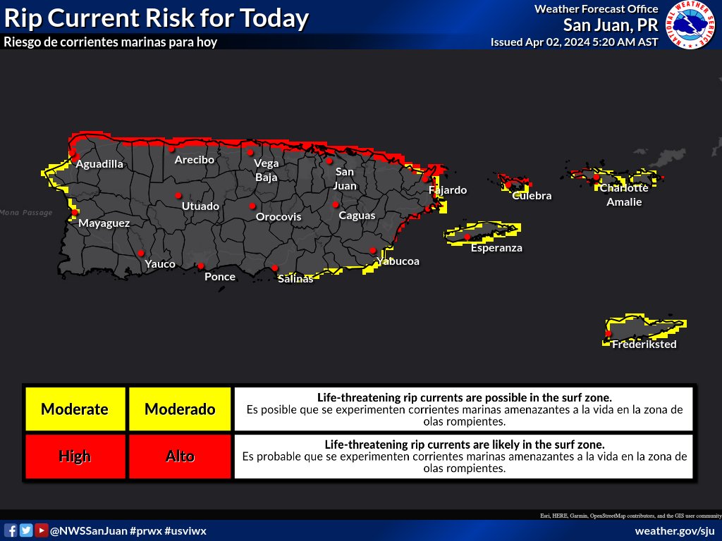 [APR 2] ❌🌊 There is a High Risk of Rip Current through this afternoon across northern to eastern beaches of Puerto Rico, Culebra, and St Thomas where life-threatening rip currents are likely. #prwx #usviwx