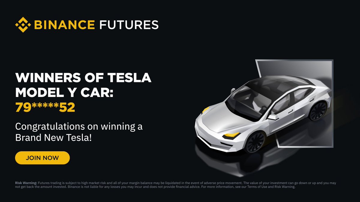 BinanceFutures's tweet image. Congratulations to BUID: 79*****52 on being our first winner of the Tesla Car Lucky Draw in second installment of #FuturesChallenge 🎉 

Don&apos;t worry, there are 3 weeks left to get your hands on your very own Tesla! 

Participate now ➡️ binance.com/en/futures-act…